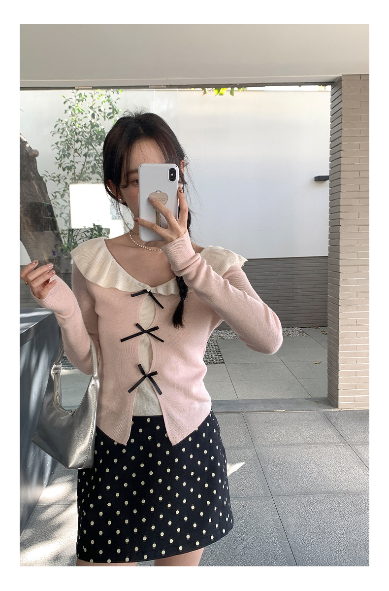 衣尔衫 设计感 假两件娃娃领蝴蝶结针织衫女短款温柔修身气质0337详情33