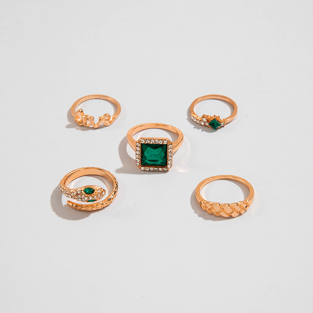 欧美跨境复古金属仿祖母绿镶钻戒指套装设计感爱心蛇形戒指套装女详情15