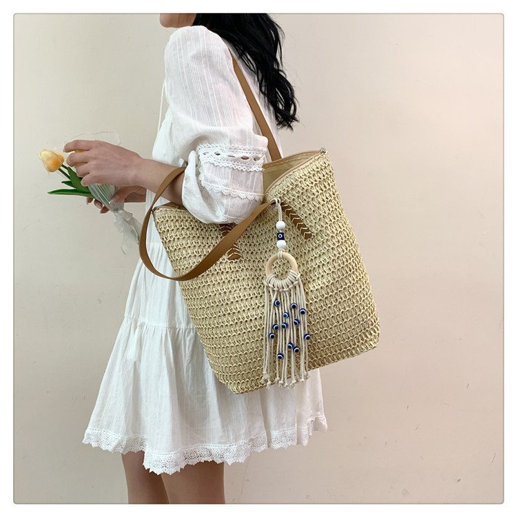 2024时尚新款沙滩草编大容量包包女单肩包百搭洋气编织旅行托特包详情24