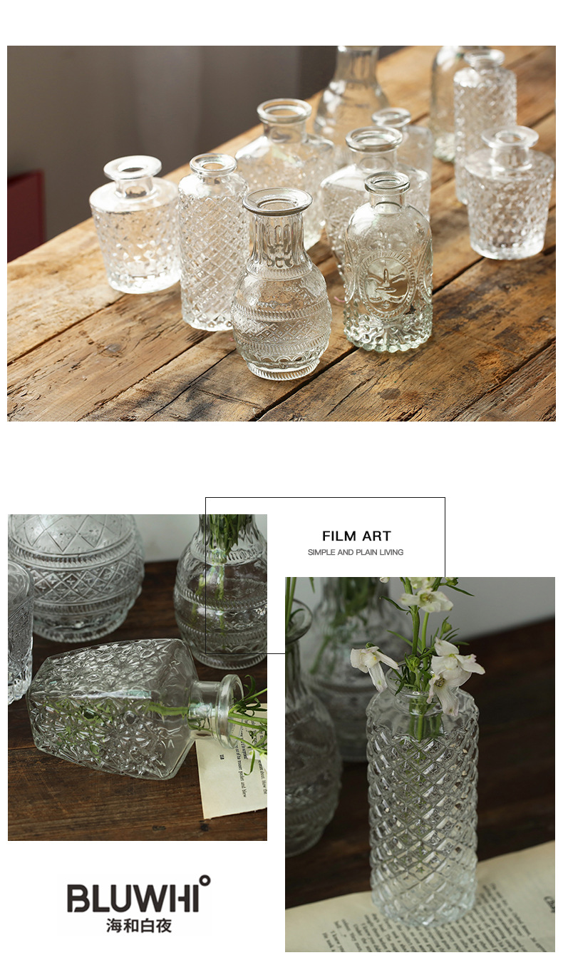 Retro light luxury embossed transparent French glass small vase, ins style home decoration, pocket-sized living room flower arrangement vase pic 19