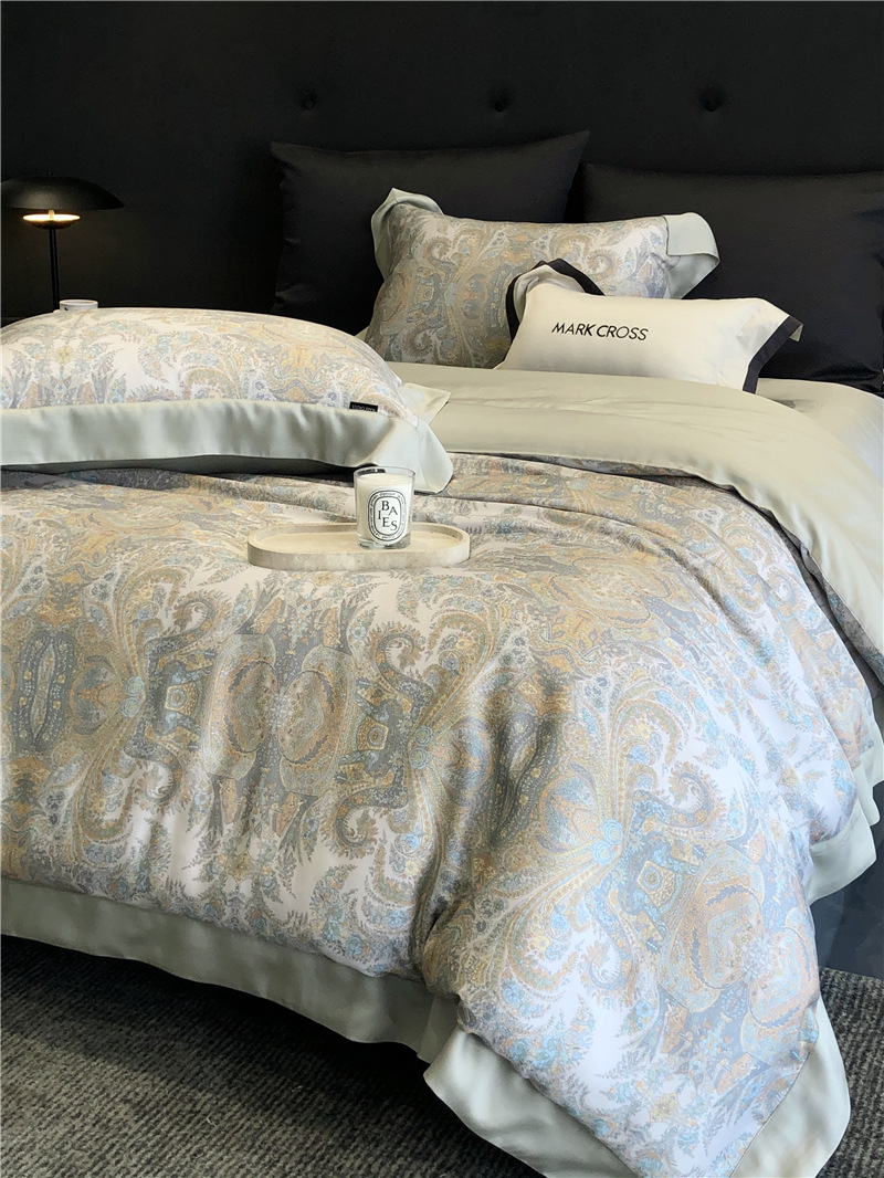 Cool ultra-fine denier Tencel summer light and cool condensation filament four-piece set, elegant printed sweat-absorbing nude bedding pic 21