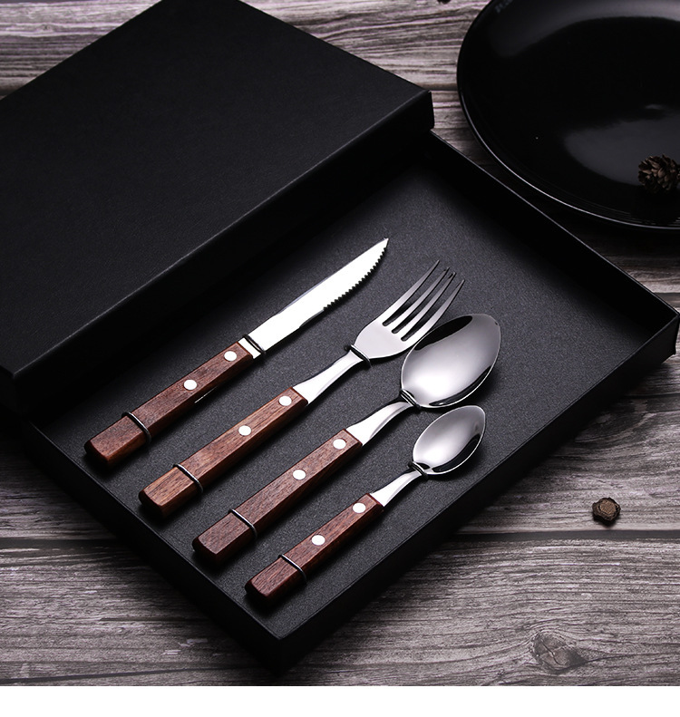 304不锈钢原实木手柄西式刀叉勺创意木质西餐具礼品套装批发详情12