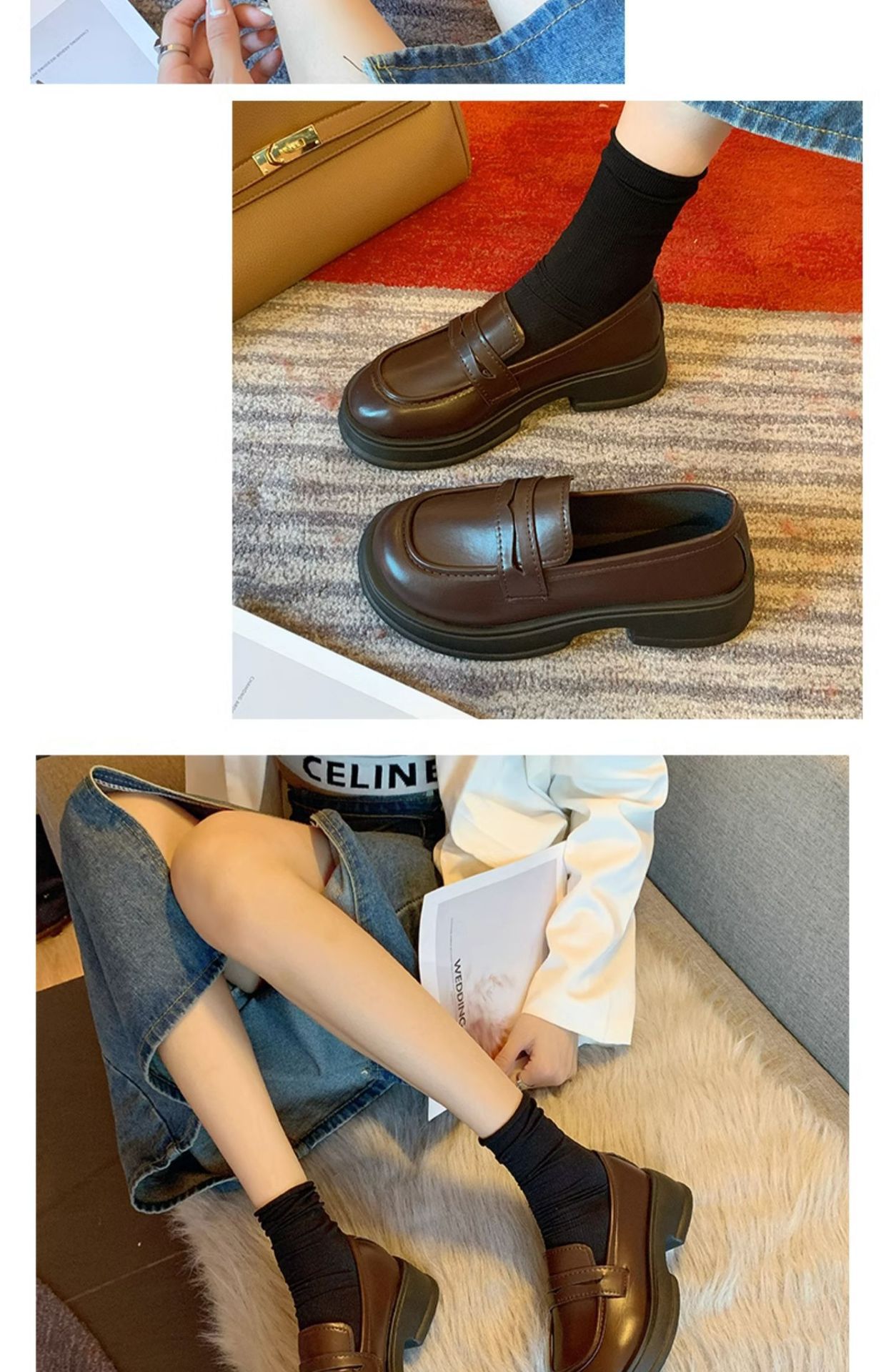 The new 2024 autumn collection of Japanese-style small leather shoes for women features a black thick-soled loafer with a British style, paired with a single jk uniform shoe pic 13