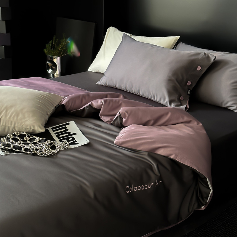Simple, light luxury and fashionable solid-color long-staple cotton four-piece set, pure cotton letter-embroidered duvet cover, double bedding pic 118