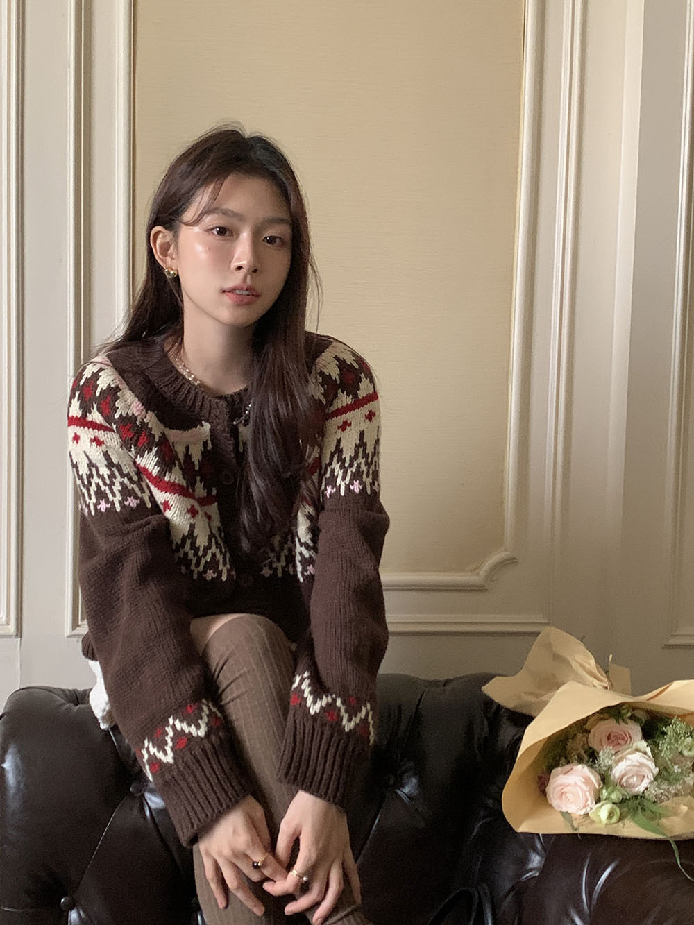 费尔岛复古美式少女撞色波普提花单排扣针织开衫厚实保暖毛衣外套详情23