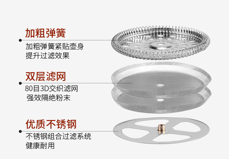 The filter screen of the French press tea maker is made of 304 stainless steel, with a coffee filter of 150 mesh and a fine filter of 80 mesh pic 14