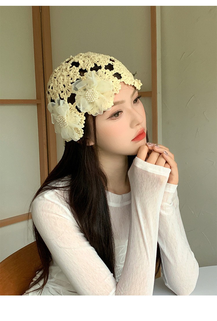 Summer thin Korean-style hollowed-out pearl flower hand-knitted headpiece hat for women, sweet, cute, fashionable and niche hat pic 15