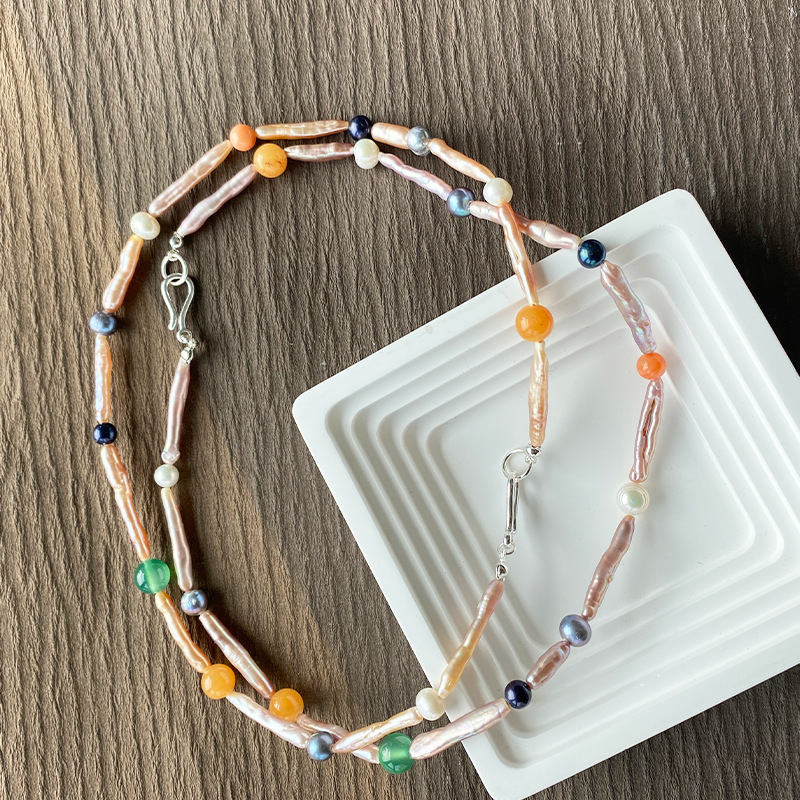 欧美轻奢高级小众设计天然珍珠搭配天然石串珠锁骨链个性精致时尚详情16