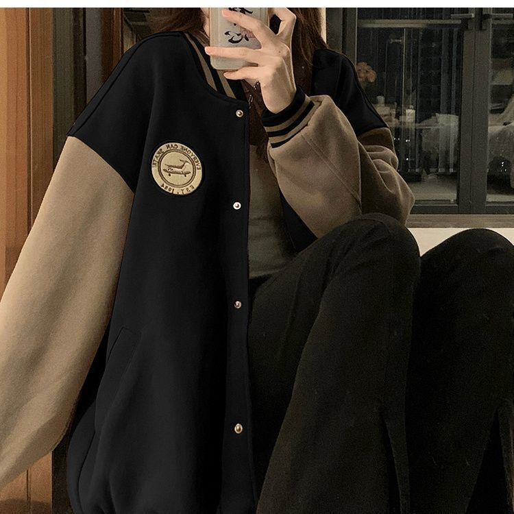 慵懒风棒球服外套女秋冬季加绒加厚复古宽松休闲开衫卫衣ins潮详情8
