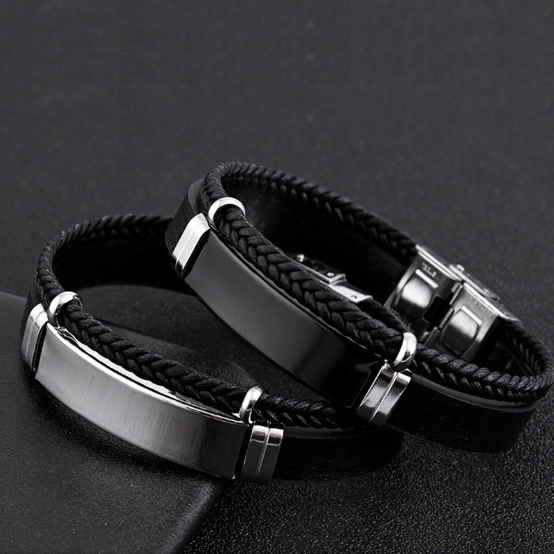 Hip-hop punk style bestseller, double-layer leather bracelet made of twisted fabric in Europe and America, titanium steel bracelet, can be engraved with LOGO pic 2