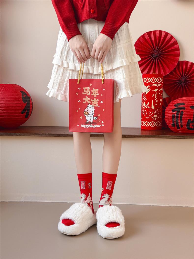 国潮马年中国风红袜子本命年中筒红色古风福马礼物吸汗动漫卡通薄款详情32