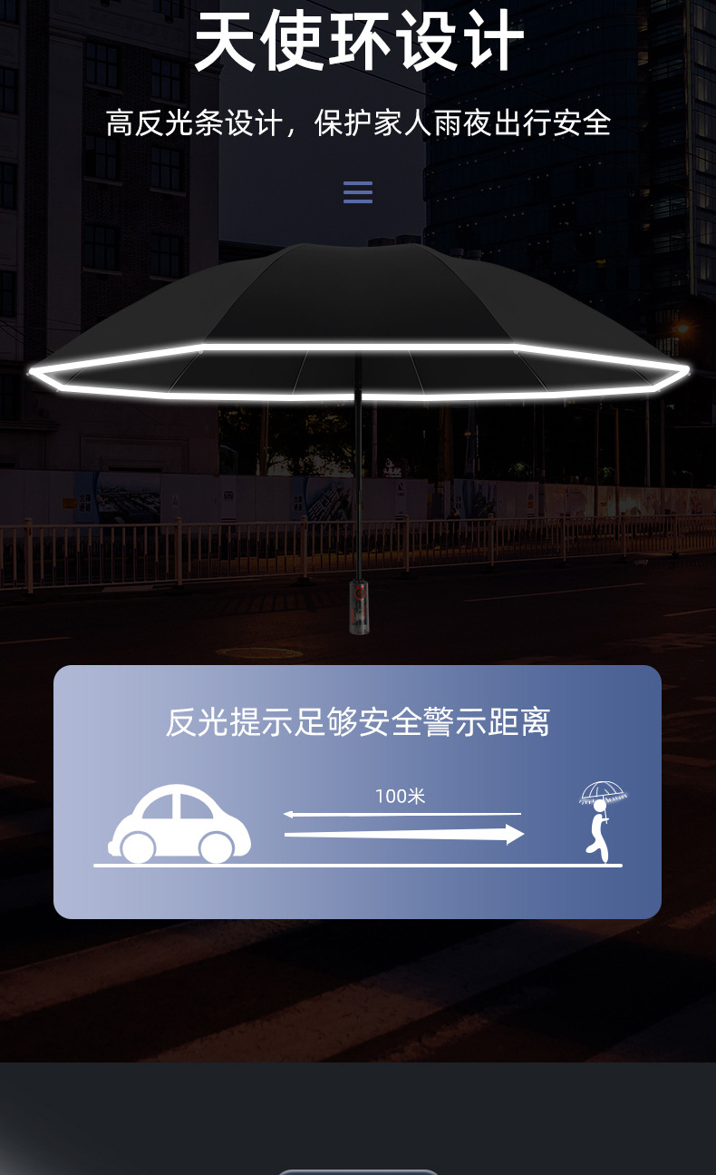 全自动三折节节收机械 包边反光条灯头伞折叠雨伞 广告伞现货加印详情15
