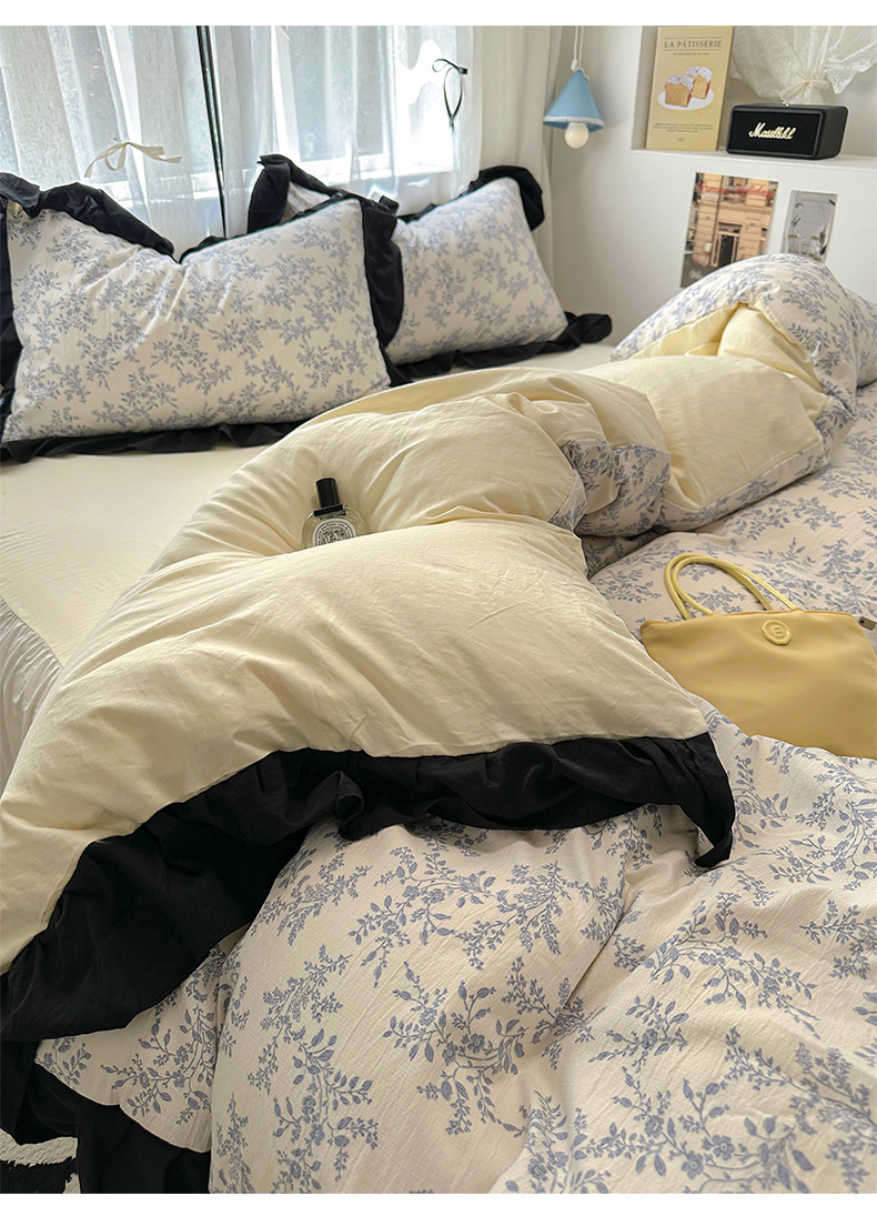 French romantic princess-style lace washed cotton four-piece set, small floral skin-friendly quilt cover, dormitory three-piece set, bed skirt style pic 22
