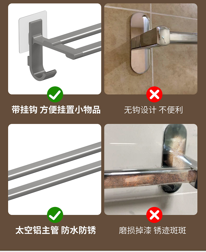 免打孔毛巾架卫生间浴室壁挂式毛巾杆置物架厕所洗手间收纳挂架详情4