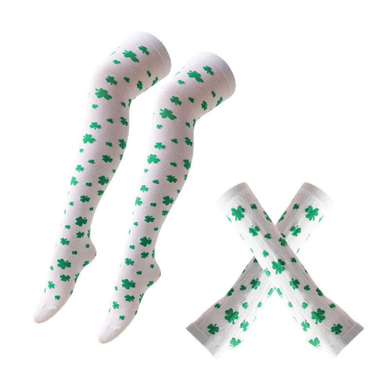 爱尔兰节绿色长筒袜派对三叶草过膝袜圣帕里克节幸运草条纹长筒袜详情8