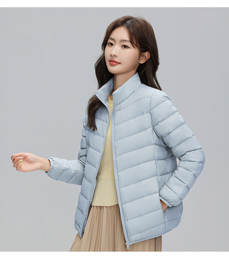 A light and thin down jacket for women in the autumn and winter of 2025, a short 90mm white duck down winter stand-up collar, a slimming casual coat trend pic 22
