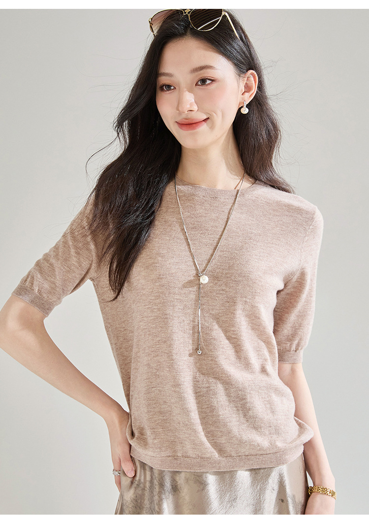 Summer 100% wool short-sleeved round-neck base knitted sweater for women, loose and elegant, versatile T-shirt and sweater 25252 pic 19