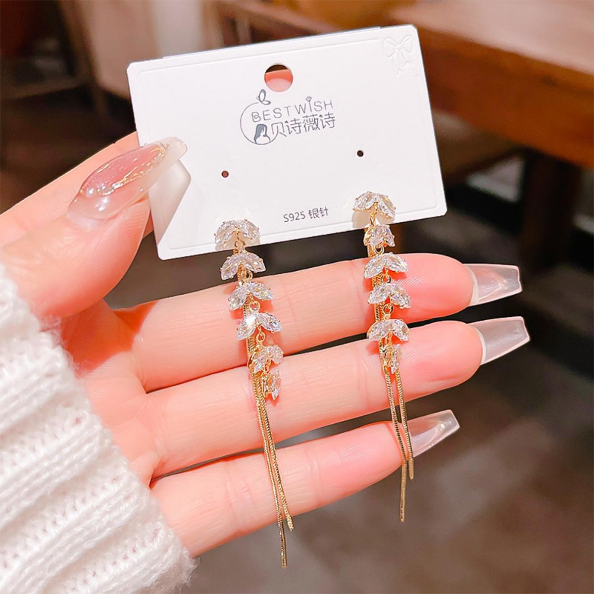 【流苏】精致超仙气质显脸瘦长款锆石耳环 银针韩版高级感耳钉饰详情4