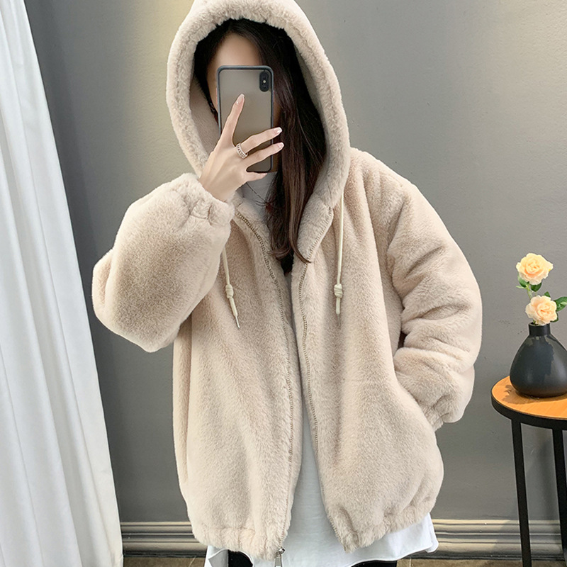跨境冬仿懒兔毛皮草女中长款宽松加厚羊羔毛大衣连帽毛毛绒外套详情10