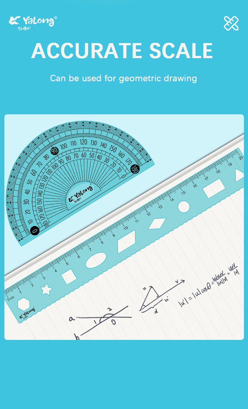 Yalong Cross-border Hardcover 20 cm Computer resin flexible Tape measure geometric set and Angle gauge set student school supplies pic 3