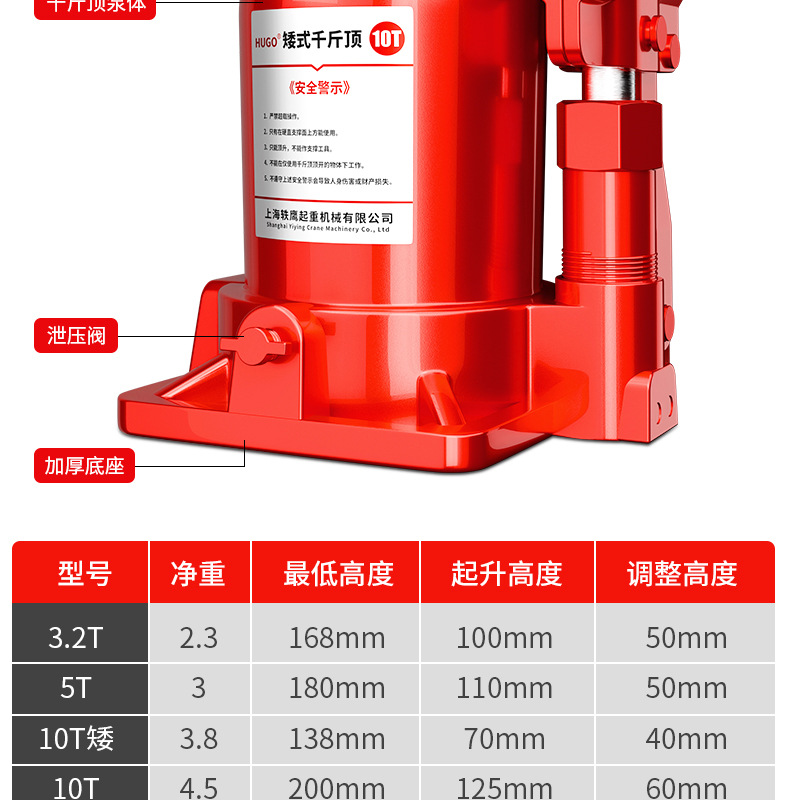 HUGO千斤頂10噸50噸強(qiáng)承重汽車用液壓立式便攜款矮式液壓千斤頂詳情23