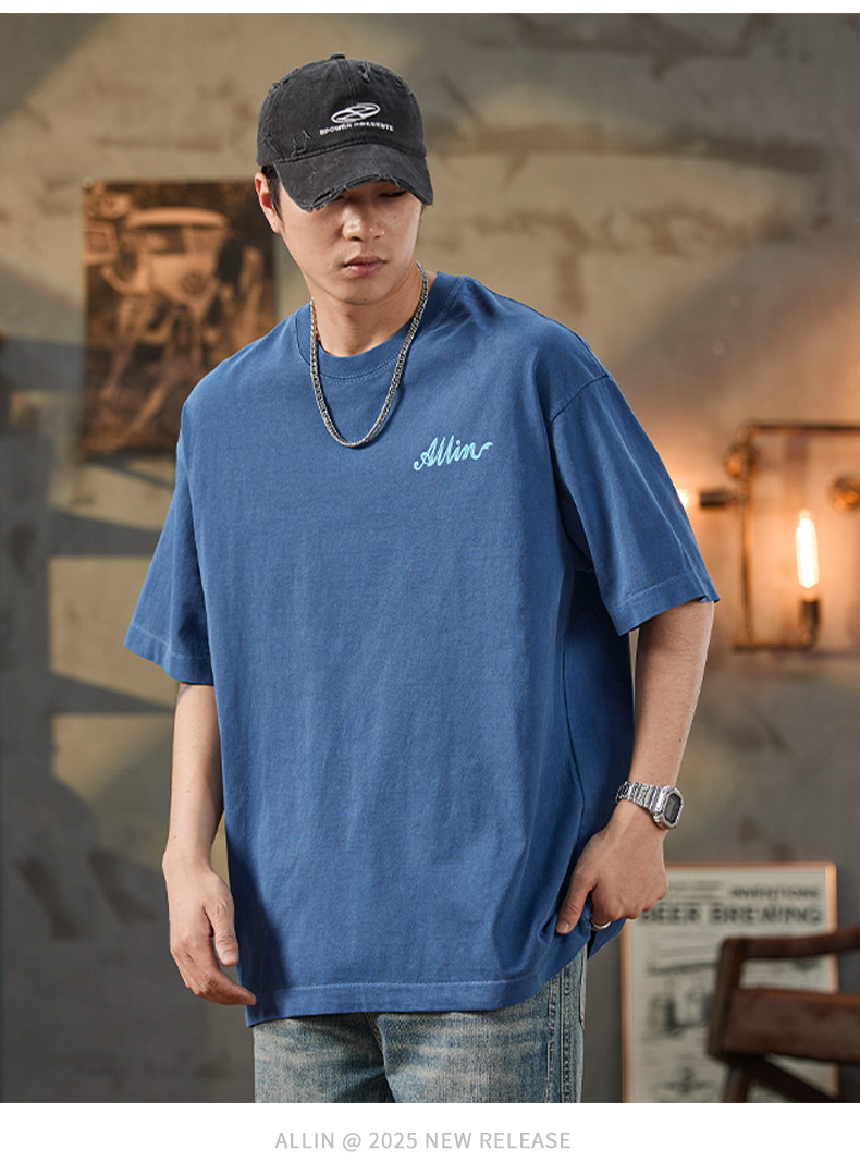 ALLIN pure cotton heavy-duty short-sleeved T-shirt for men, a summer trendy brand with three-dimensional printed letters and loose round-neck couple tops pic 44