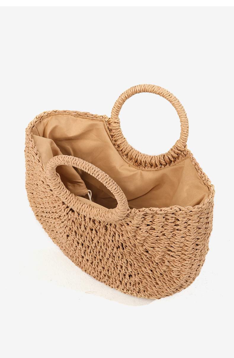 Simple and versatile semi-circular straw woven bag, new large-capacity woven bag, vacation-style beach bag, hand-carried vegetable basket pic 15