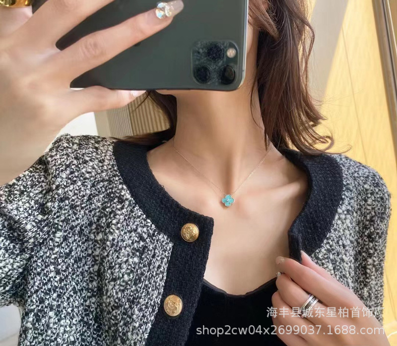 新款纯银925圣诞限定蓝色四叶草单钻18K金薄荷绿幸运草项链锁骨链详情10