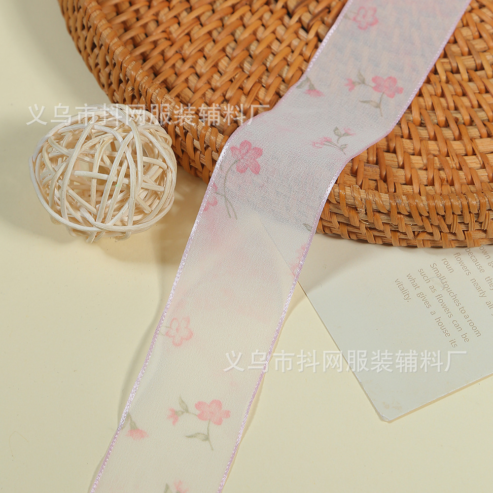 4cm transparent snow gauze ribbon hair accessory DIY bow flower material gift box packaging small floral printed ribbon wholesale pic 4
