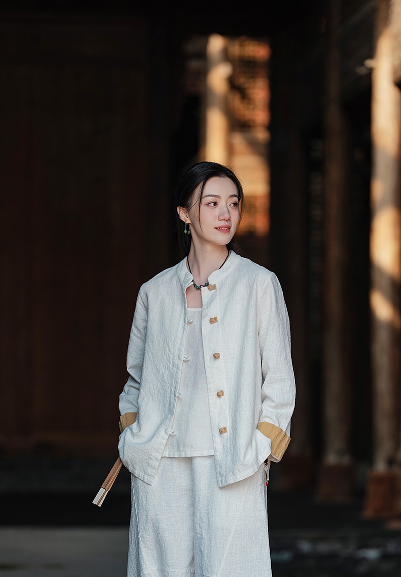 国潮中式棉麻女装拼色盘扣衬衫复古亚麻上衣茶服女禅意中山装国风开衫详情9
