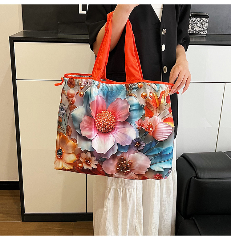 大容量花朵印花单肩包防水购物袋尼龙外出托特包时尚复古手提包详情15