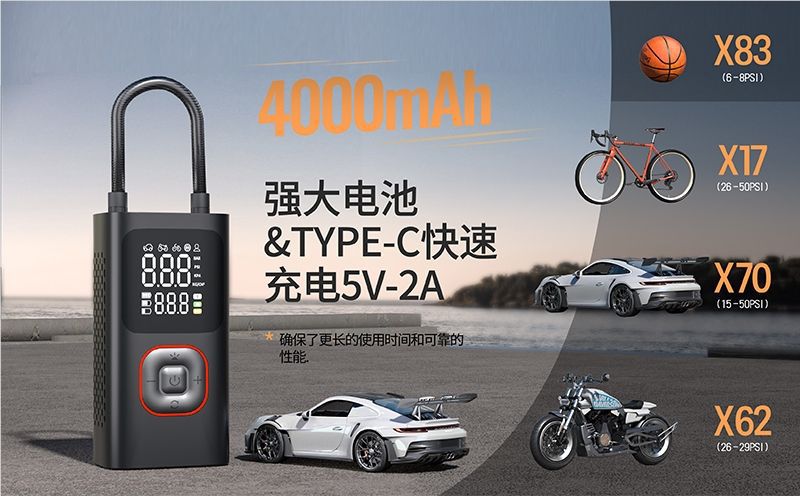 新款迷你户外无线便携式打气双屏数显检测胎压带充电宝车载充气泵详情3