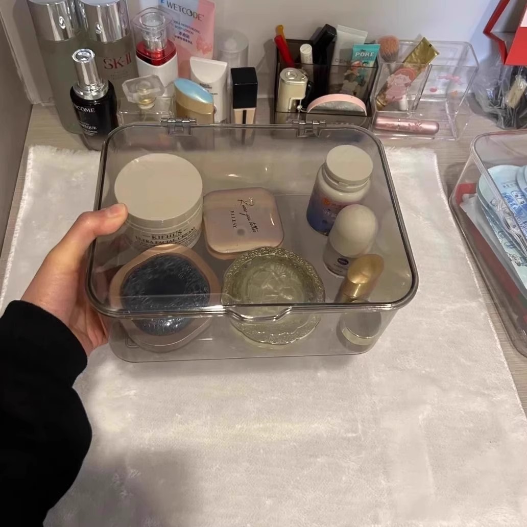 翻盖式桌面收纳盒透明亚克力防尘整理盒卧室宿舍办公室带盖收纳筐详情9