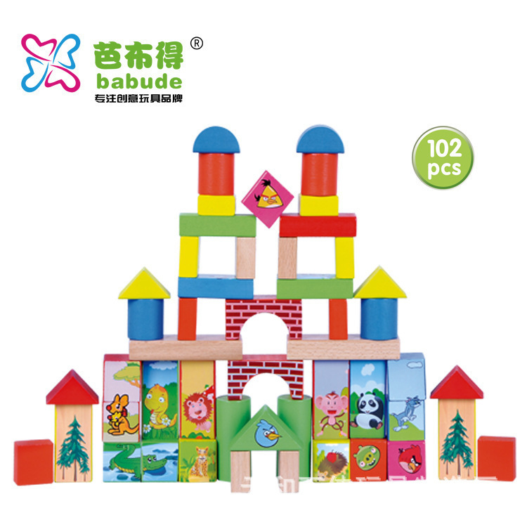 宝宝启蒙diy拼装玩具102粒森林动物儿童早教桶装木制积木玩具批发详情3