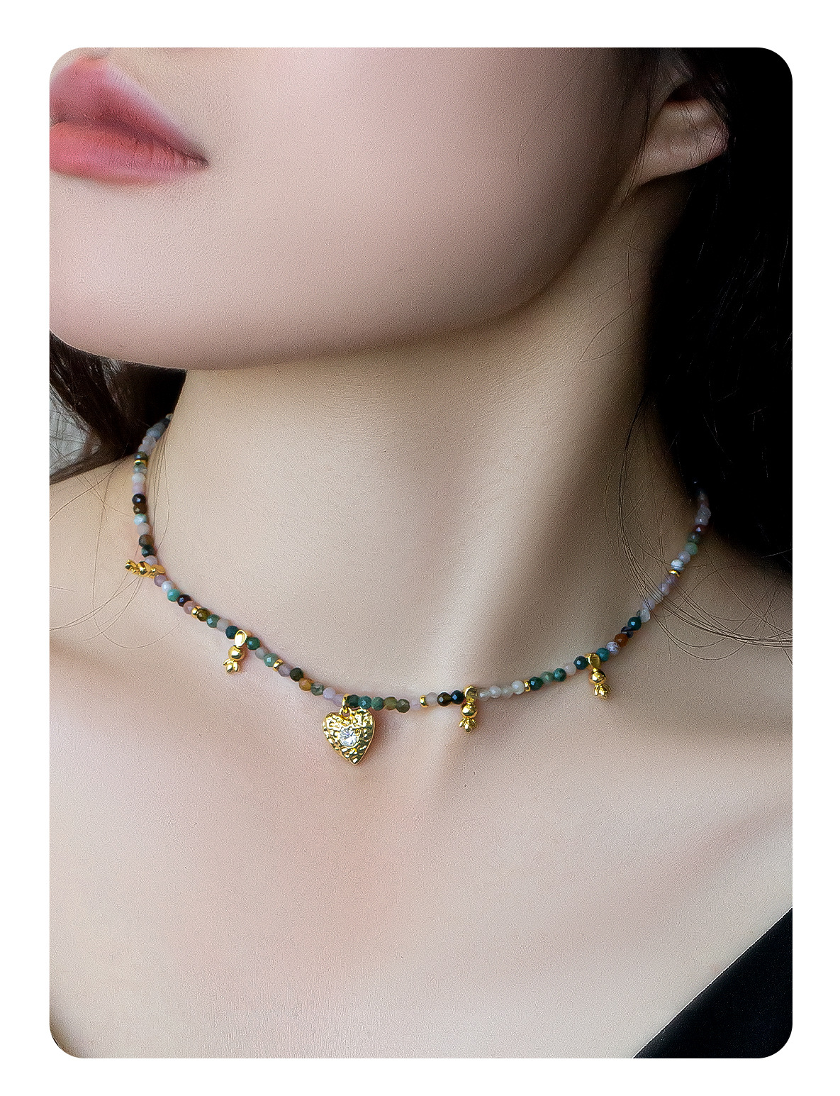 彩色碧玺串珠项链夏季女高级感爱心吊坠锁骨链复古百搭新中式项链详情5