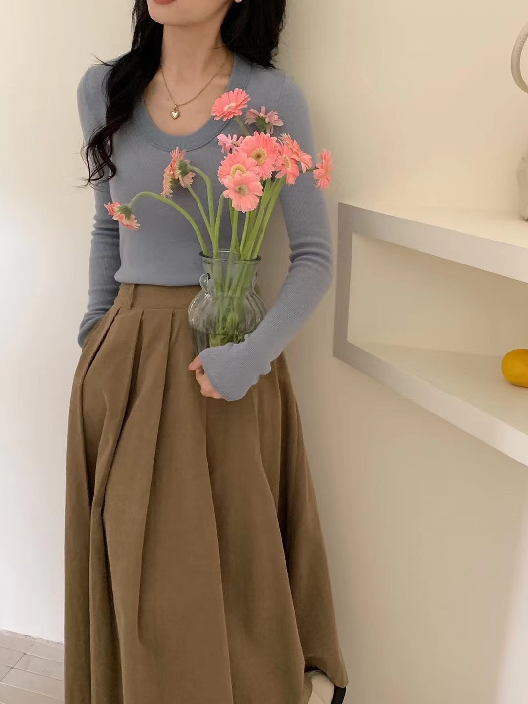 早秋新款100羊毛U领韩系纯色时尚简约针织弹力打底衫百搭女毛衣潮详情5