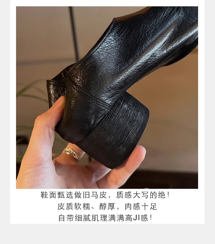 葡萄妈同款鞋复古做旧风质感马皮暗黑风方头粗跟单鞋女夏季详情5