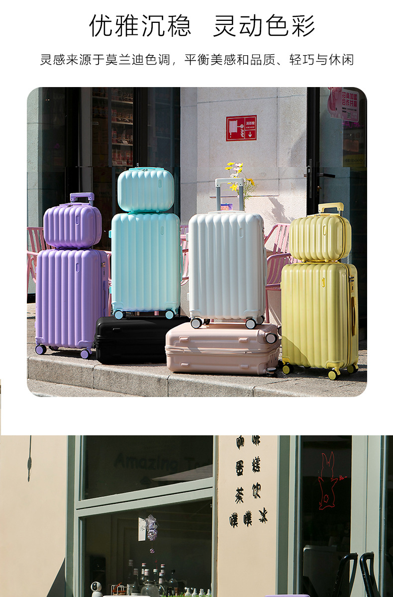大量现货批发高颜值马卡龙色系韩版四件套多功能拉杆箱便携登机箱详情2