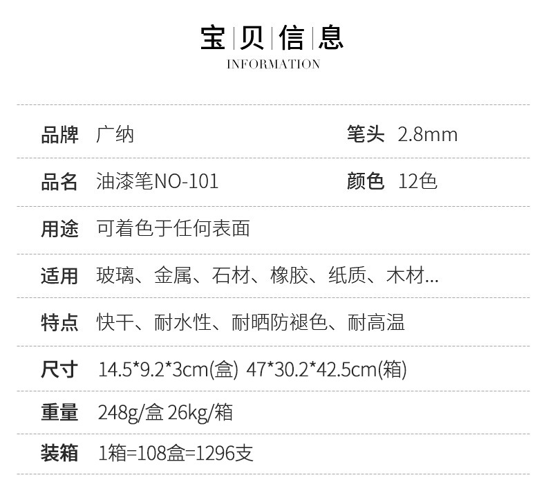 广纳101油漆笔马克笔速干不掉色油漆笔补漆笔玻璃木材石头笔批发详情11