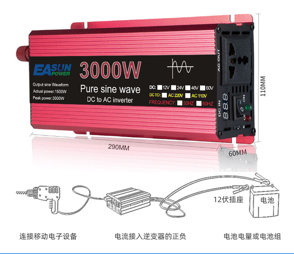 纯正波逆变器 1000W-3000W12V24v转110v220V房动车载电源转换器详情14