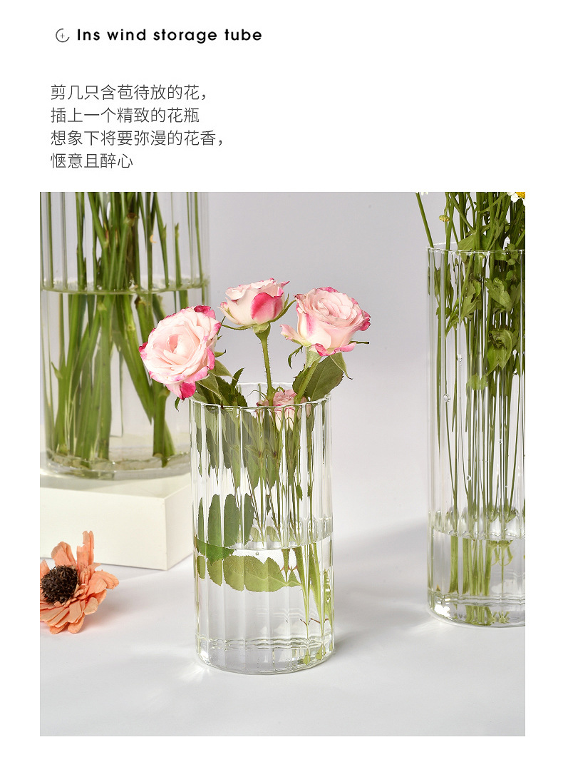 透明装饰玻璃花瓶北欧ins风客厅创意摆件竖纹花瓶干花水培插花器详情15