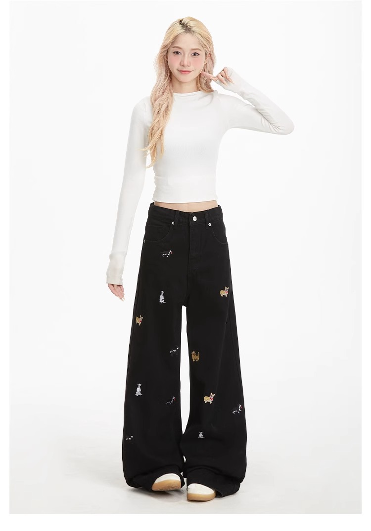 Light-colored high-waisted straight-leg jeans for women, 2025 new embroidered American retro washed wide-leg loose floor-length pants pic 21
