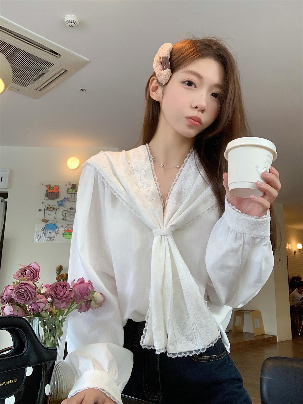 新中式复古蕾丝花边海军领衬衫女春季小众别致宽松长袖雪纺衫上衣潮详情15
