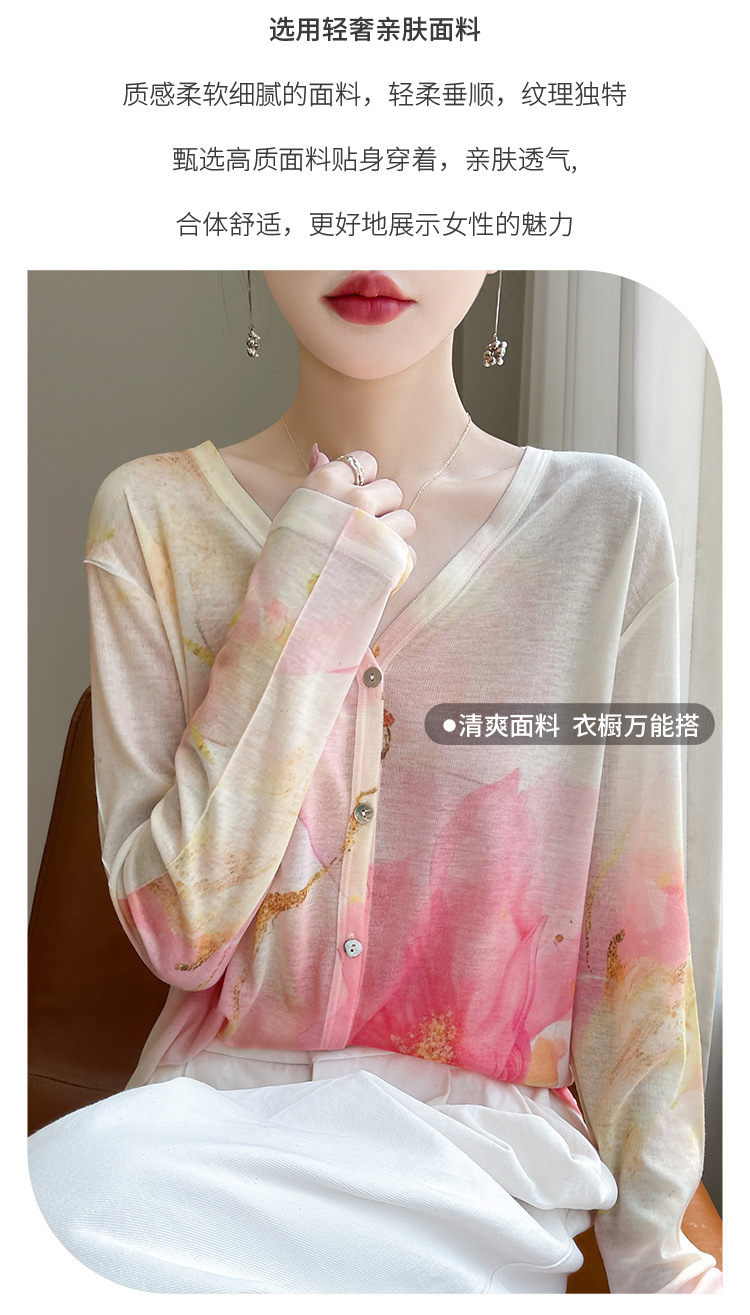 天丝羊毛拼色长袖针织开衫女春秋V领印花宽松外搭空调衫防晒上衣详情4