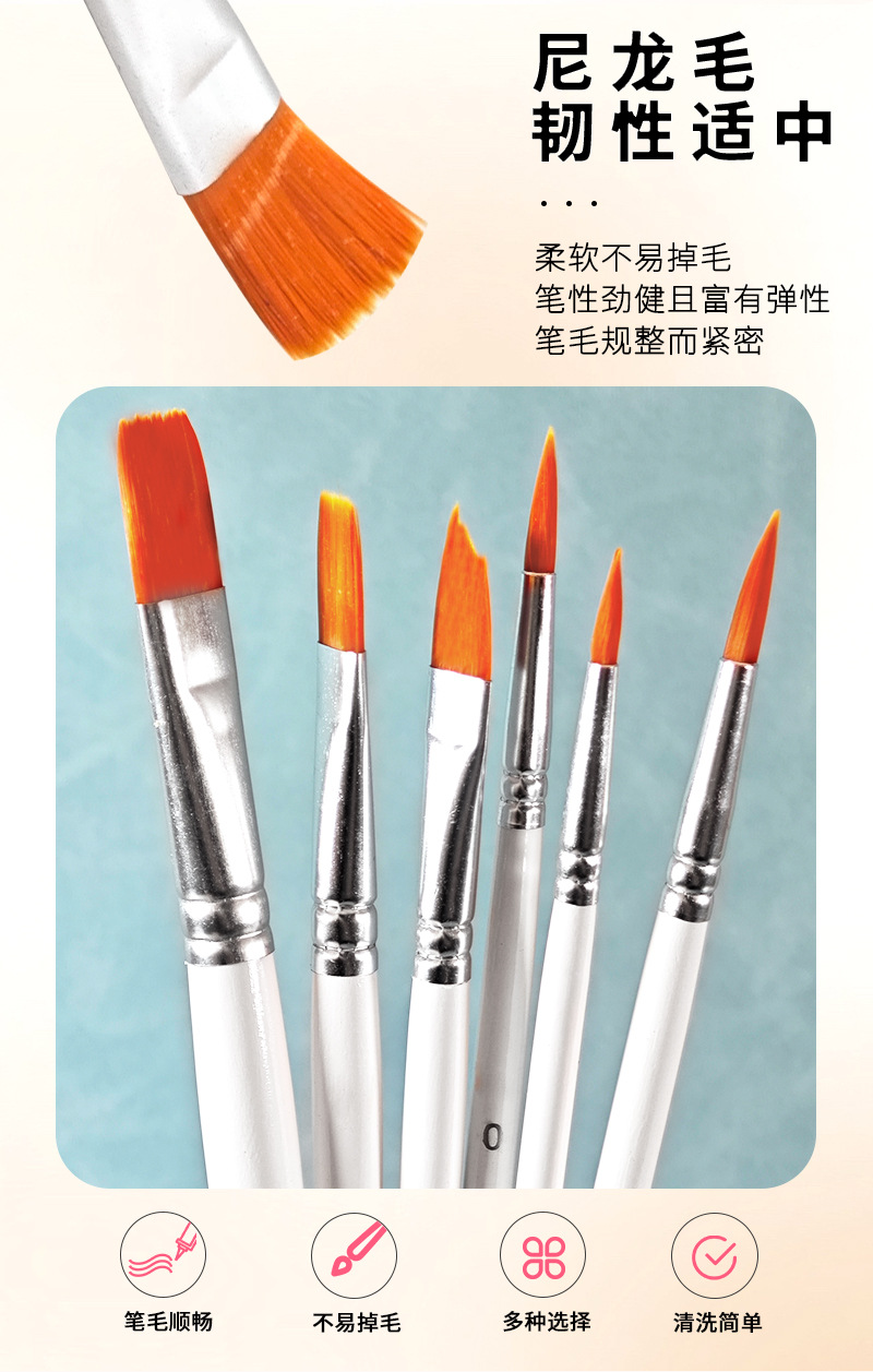 Wholesale of 6-piece white oil painting brushes, cross-border art painting brushes, nylon brush brushes, gouache and acrylic paint brushes pic 2