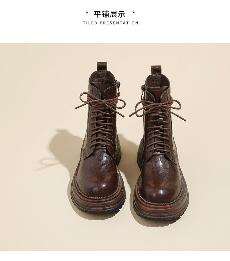 英伦复古系带厚底马丁靴秋冬季单靴精致手抓纹粗跟短靴女机车靴子详情34