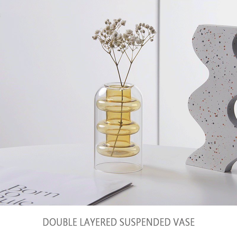 Colored double-layer glass vase, flameless glass art aromatherapy bottle, transparent vase, hydroponic restaurant table decoration pic 12