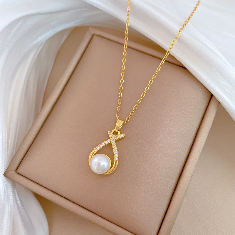 【钛钢】项链耳环套装轻奢满钻交叉珍珠个性气质宴会耳饰项饰组详情14