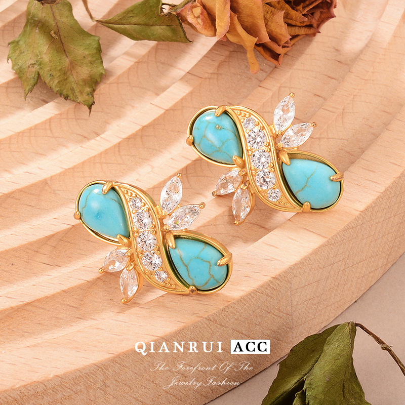 French retro, individualistic, fashionable and niche natural stone earrings, zircon earrings, row diamonds and geometric pattern earrings wholesale pic 20