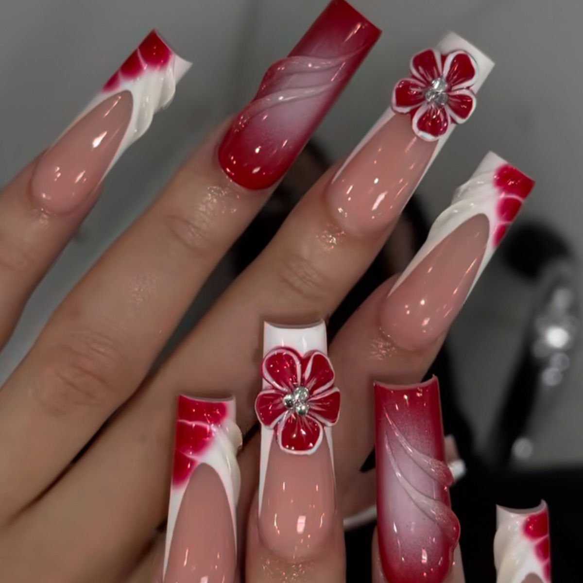 Cross-border bestseller: Wholesale of a set of 24-piece red gradient gradient French 3D flower long pipe nail prosthetics pic 1